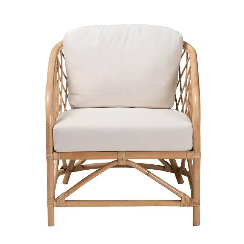 Modern Bohemian White Fabric and Natural Brown Rattan Armchair