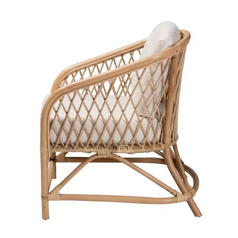 Modern Bohemian White Fabric and Natural Brown Rattan Armchair