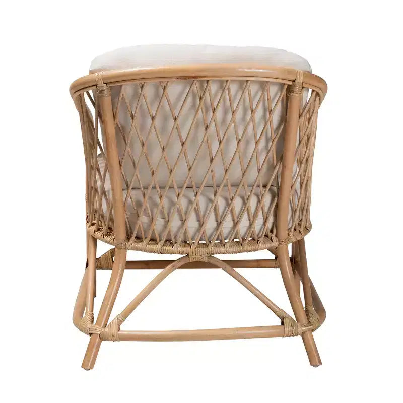 Modern Bohemian White Fabric and Natural Brown Rattan Armchair