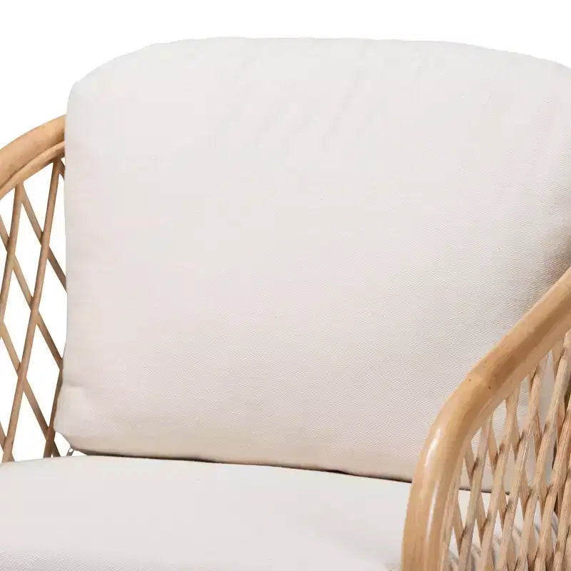 Modern Bohemian White Fabric and Natural Brown Rattan Armchair