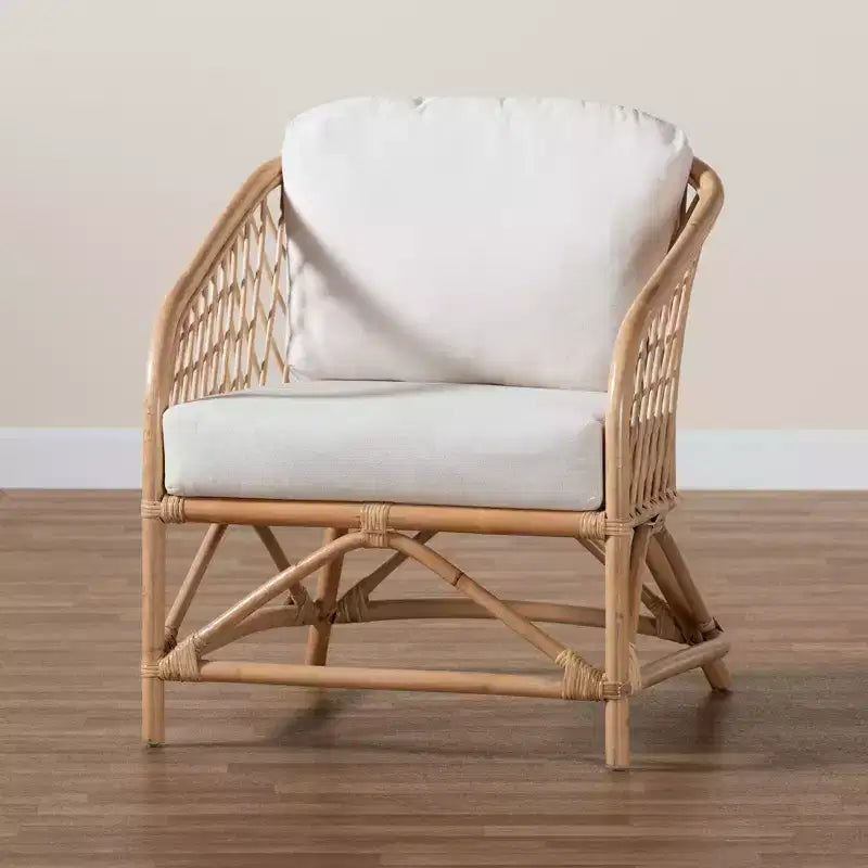 Modern Bohemian White Fabric and Natural Brown Rattan Armchair