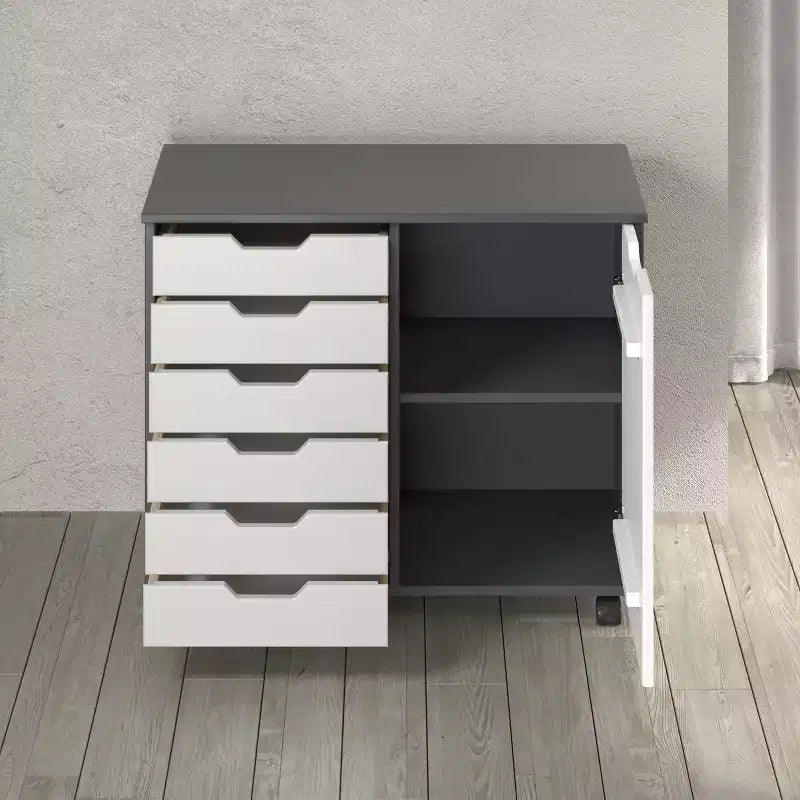 1-Door 6-Drawer Rolling Storage Cart, Pine Wood