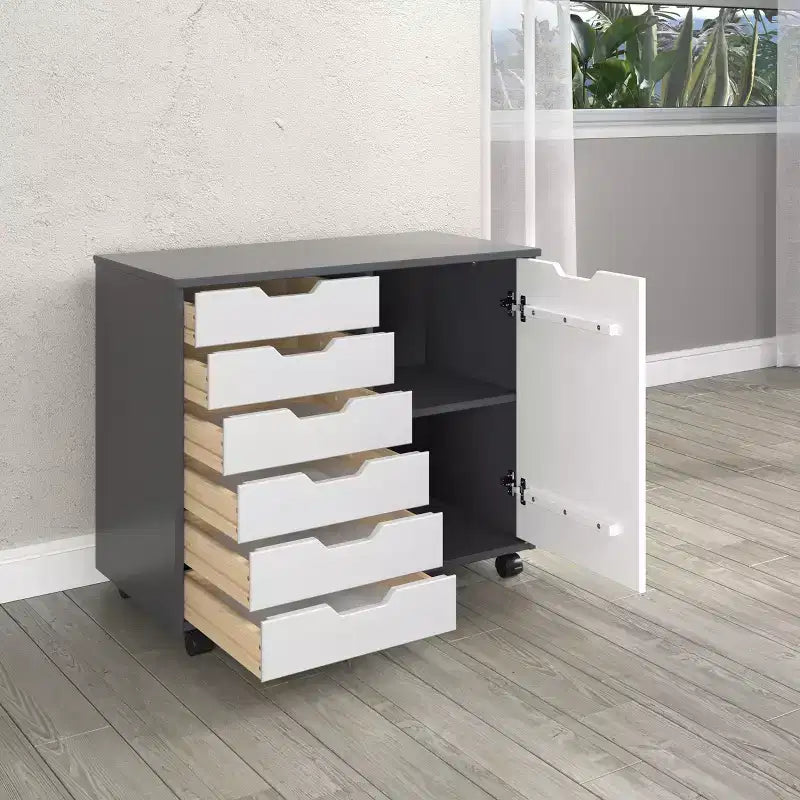 1-Door 6-Drawer Rolling Storage Cart, Pine Wood