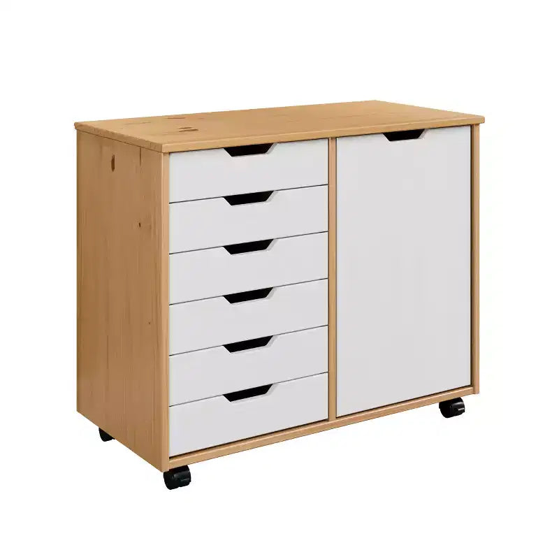 1-Door 6-Drawer Rolling Storage Cart, Pine Wood