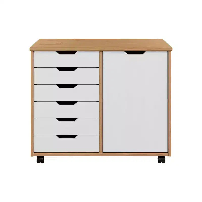 1-Door 6-Drawer Rolling Storage Cart, Pine Wood