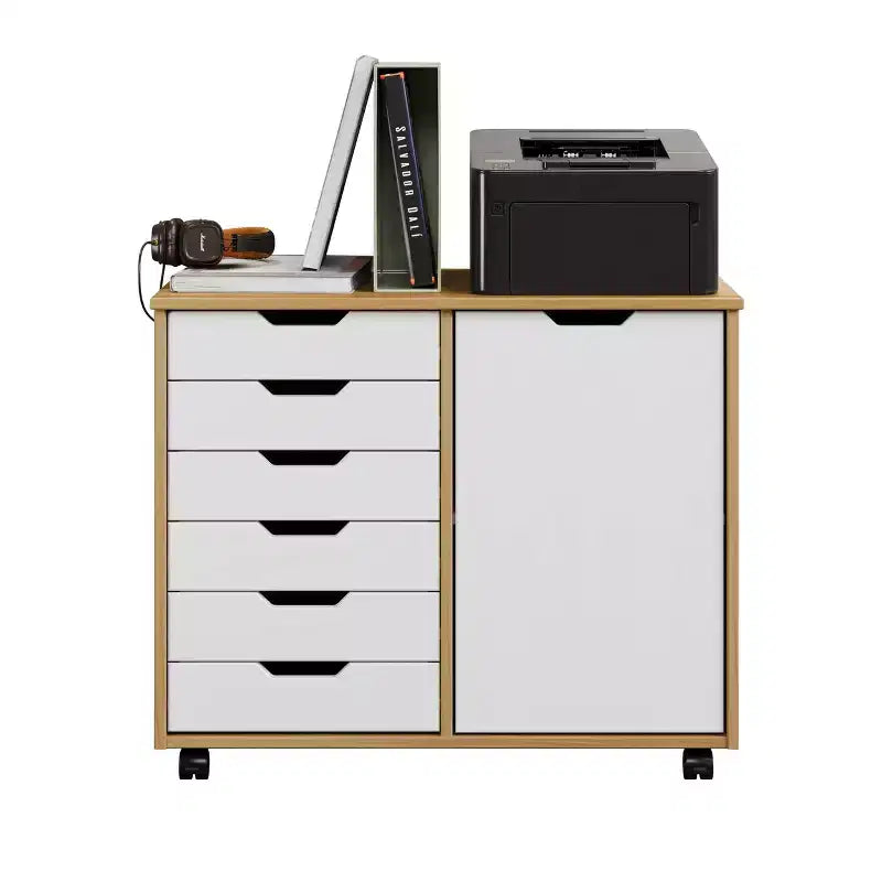 1-Door 6-Drawer Rolling Storage Cart, Pine Wood