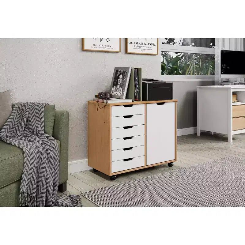 1-Door 6-Drawer Rolling Storage Cart, Pine Wood