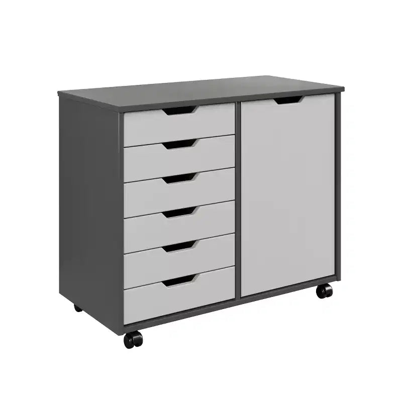 1-Door 6-Drawer Rolling Storage Cart, Pine Wood
