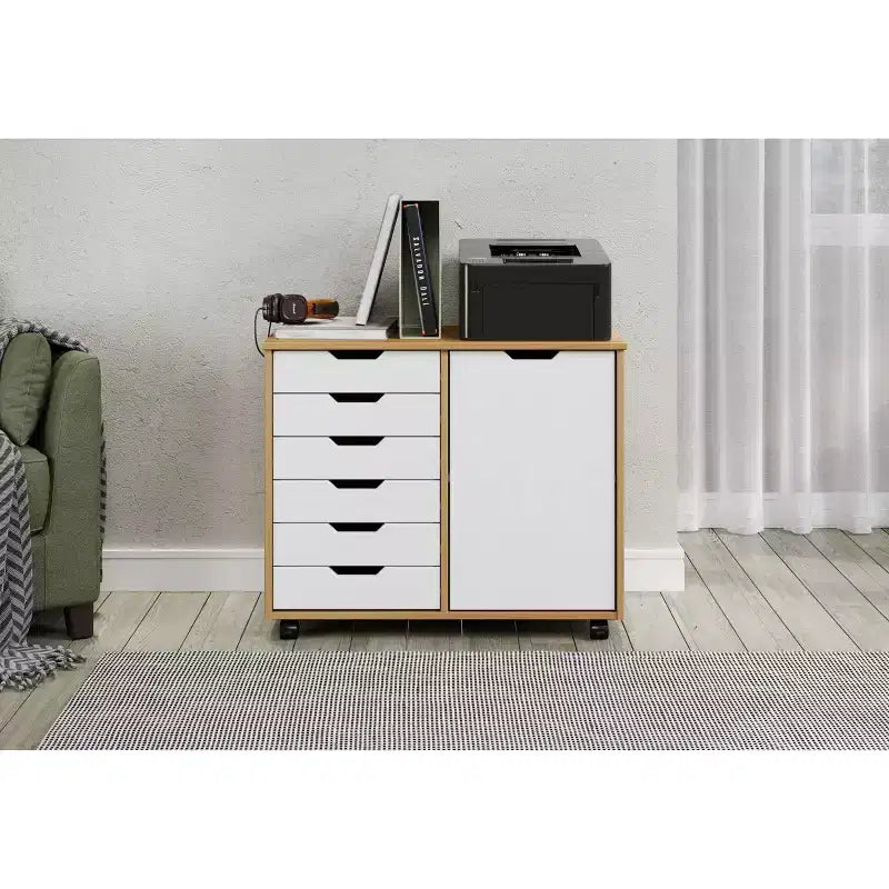 1-Door 6-Drawer Rolling Storage Cart, Pine Wood
