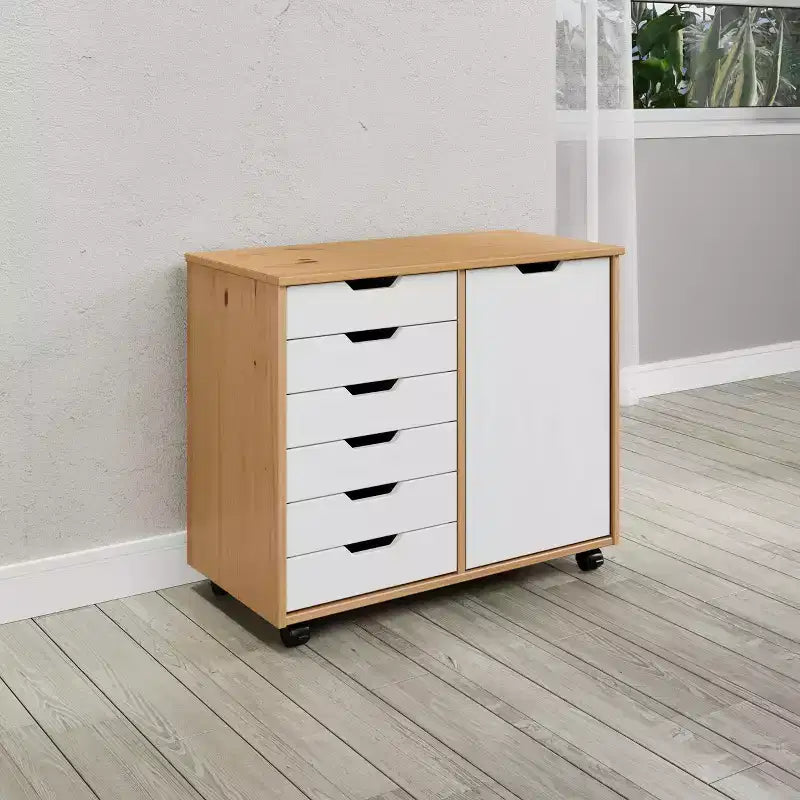 1-Door 6-Drawer Rolling Storage Cart, Pine Wood