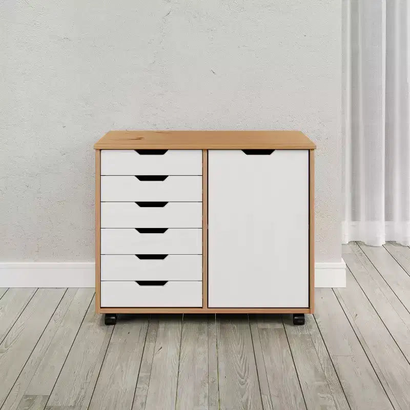1-Door 6-Drawer Rolling Storage Cart, Pine Wood