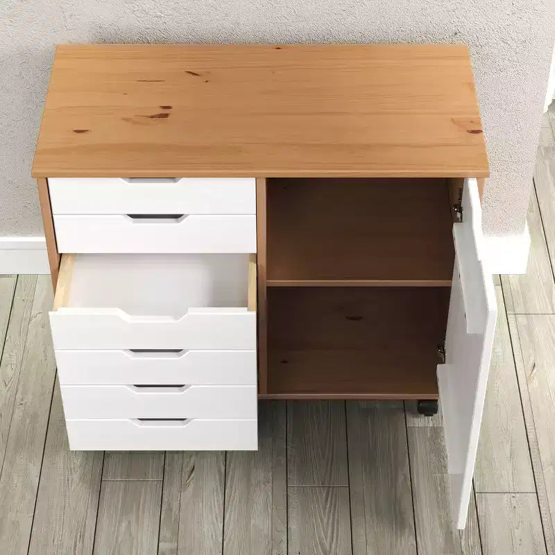 1-Door 6-Drawer Rolling Storage Cart, Pine Wood