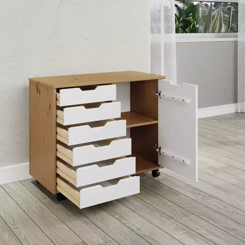 1-Door 6-Drawer Rolling Storage Cart, Pine Wood
