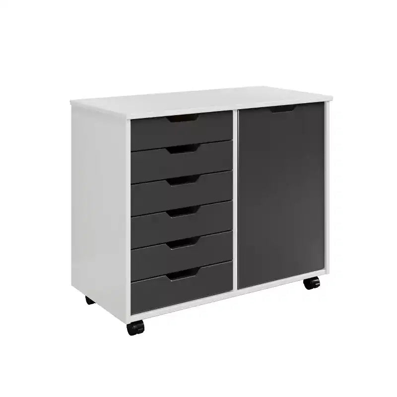 1-Door 6-Drawer Rolling Storage Cart, Pine Wood