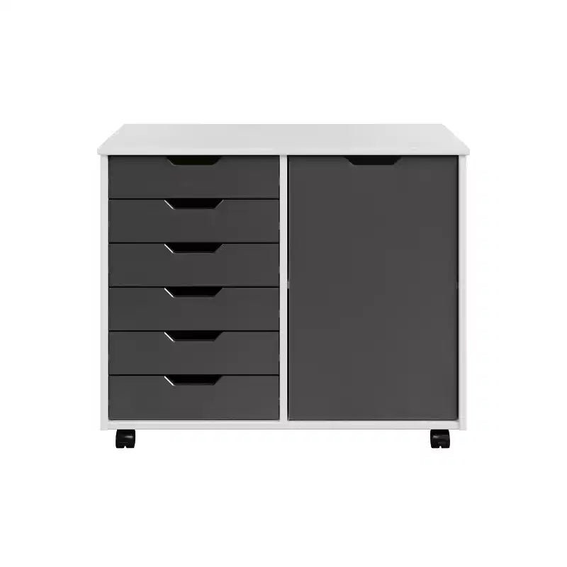 1-Door 6-Drawer Rolling Storage Cart, Pine Wood