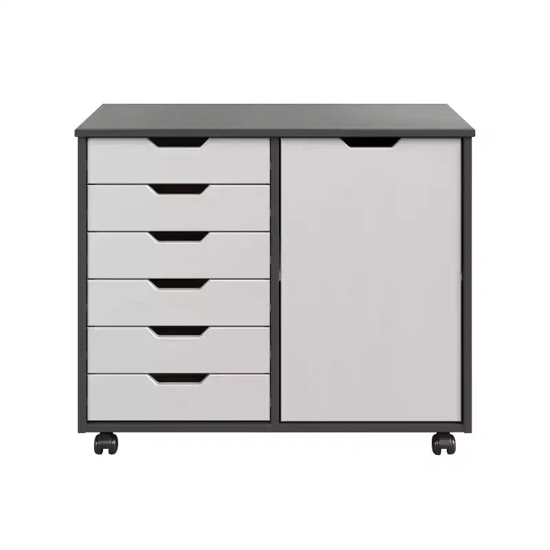 1-Door 6-Drawer Rolling Storage Cart, Pine Wood