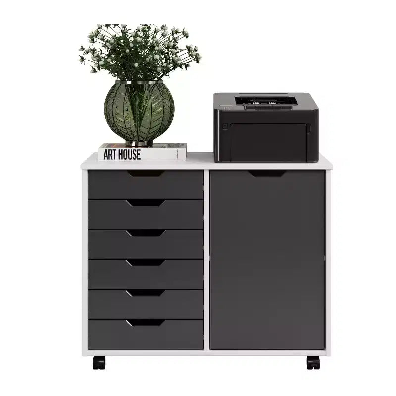 1-Door 6-Drawer Rolling Storage Cart, Pine Wood