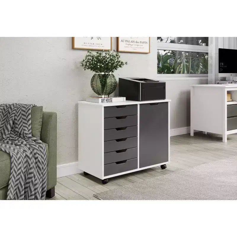 1-Door 6-Drawer Rolling Storage Cart, Pine Wood