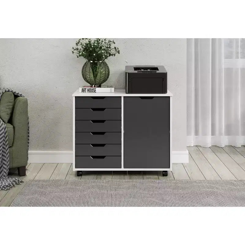 1-Door 6-Drawer Rolling Storage Cart, Pine Wood
