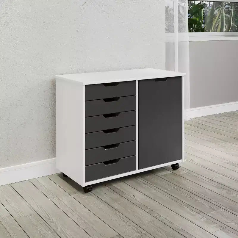 1-Door 6-Drawer Rolling Storage Cart, Pine Wood