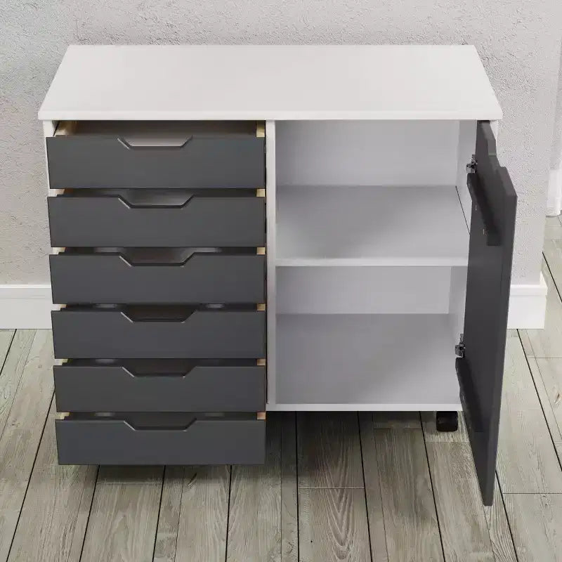 1-Door 6-Drawer Rolling Storage Cart, Pine Wood