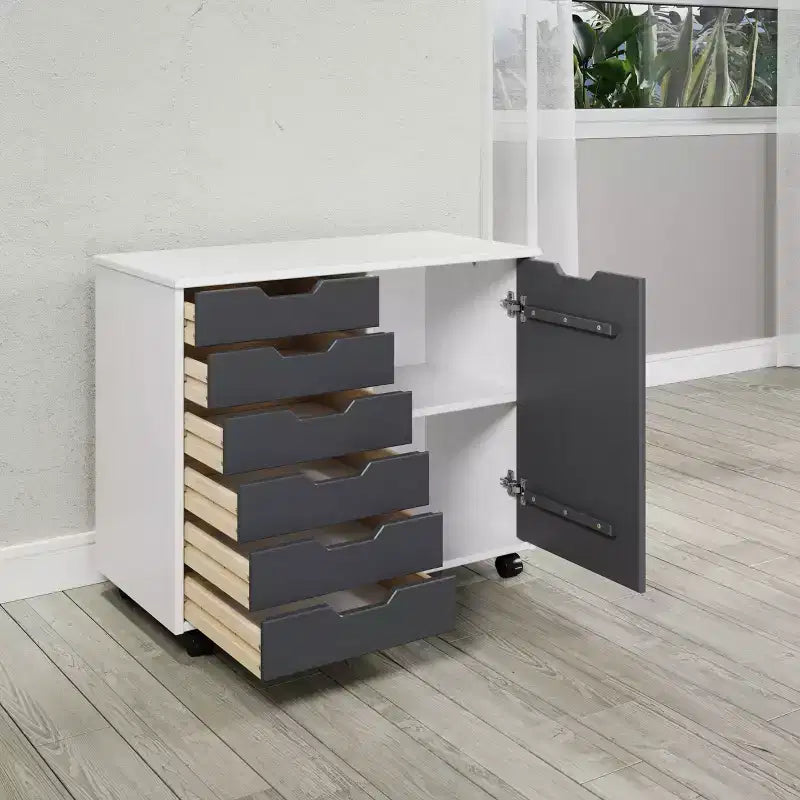 1-Door 6-Drawer Rolling Storage Cart, Pine Wood