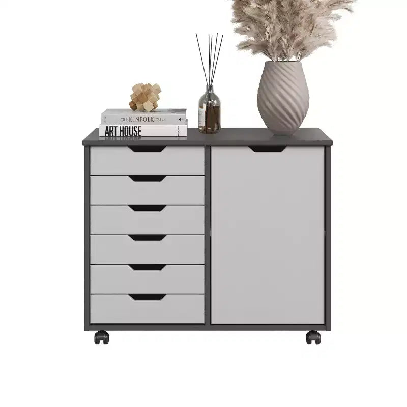 1-Door 6-Drawer Rolling Storage Cart, Pine Wood