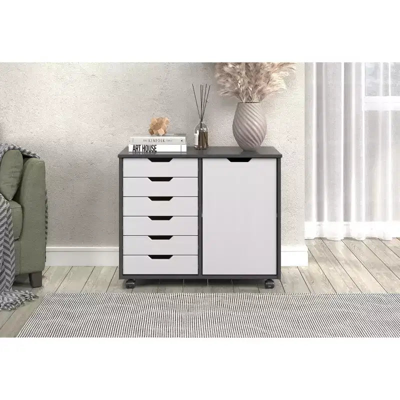 1-Door 6-Drawer Rolling Storage Cart, Pine Wood