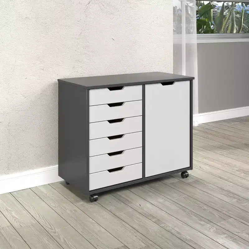 1-Door 6-Drawer Rolling Storage Cart, Pine Wood