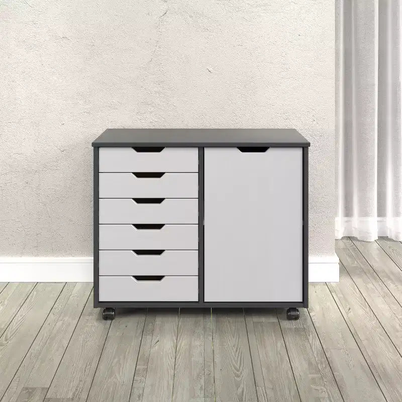 1-Door 6-Drawer Rolling Storage Cart, Pine Wood