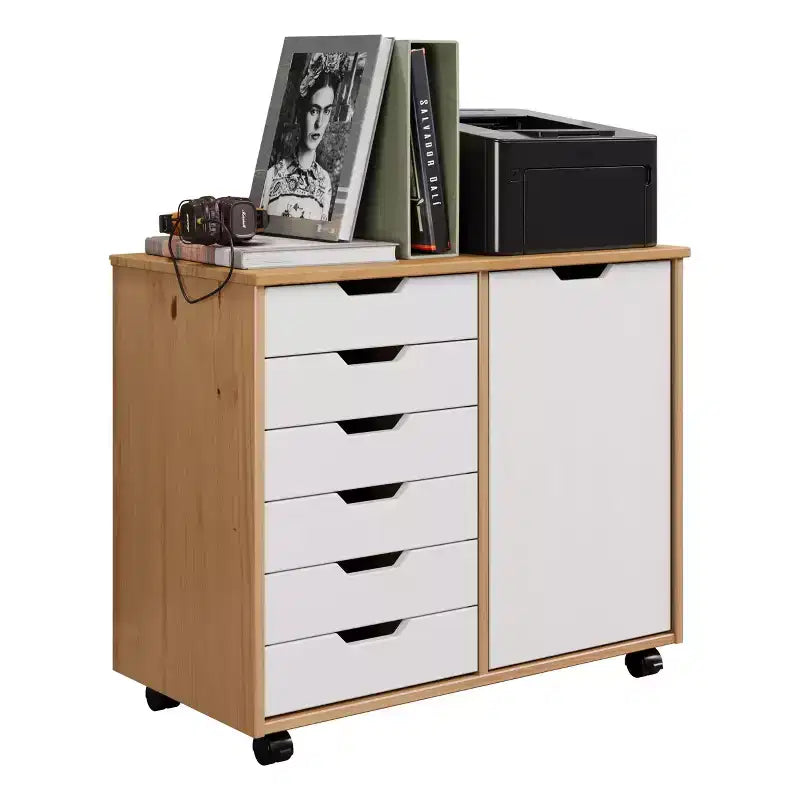 1-Door 6-Drawer Rolling Storage Cart, Pine Wood