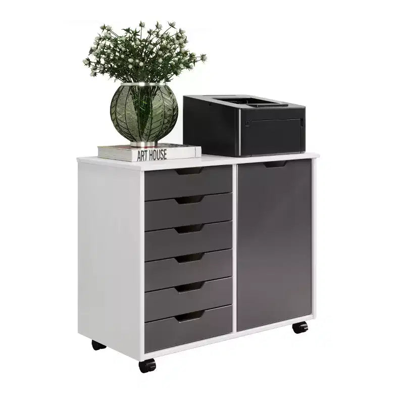 1-Door 6-Drawer Rolling Storage Cart, Pine Wood